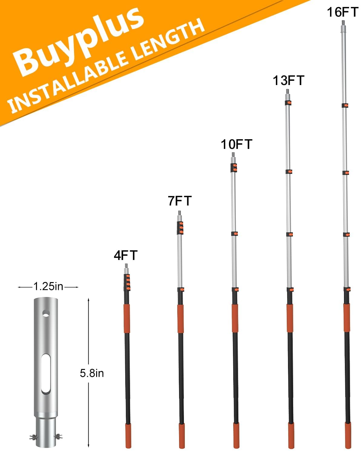 Buyplus Pool Pole - Upgraded 16 Foot Telescopic Extendable Swimming Pool Pole with 4-16FT Aluminium Heavy Duty Extension Pole for Skimmer Nets, Rakes, Brushes and Vacuum Heads, Universal 1.25", Orange