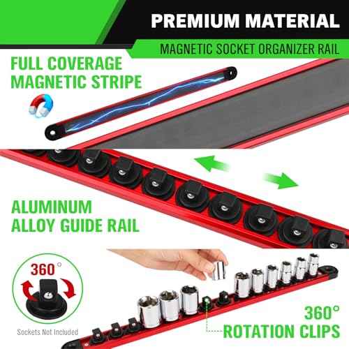 3/8-Inch Magnetic Socket Organizer Rail, Aluminum Alloy Socket Rail, Heavy Duty Sockets Holder with 14 Clips, 360¡Æ Swivel Clip Tool Tray, Sockets Organizer for Tool Box Drawer (Red)