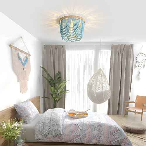 Bohemian Beaded Chandelier - 3 Shallow Wood Beads Ceiling Light for Nursery and Bedroom (Blue)