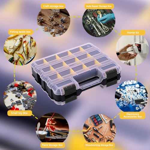 Tool Box Storage Organizer, TONGQI 34-Compartment Double Side Small Parts Box with Removable Plastic Dividers for Hardware, Screws, Bolts, Nails, Jewelry and Fishing Accessories, 2 Pack