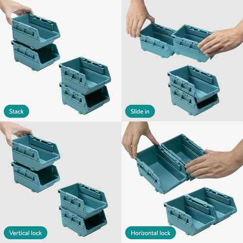 Navaris Storage Bins - Interlocking Plastic Van Boxes - Wall Mounted Compartments for Screws Nails Small Tool Parts - Workshop, Garage, Drawer Shed Bolt Organizer - 3 Bins & 1 Rail