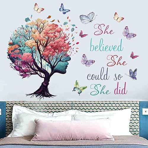 Inspirational Quotes Wall Art - 'She Believed She Could So She Did' Tree & Butterfly Decal Stickers for Women & Girls Bedroom & Living Room Decor