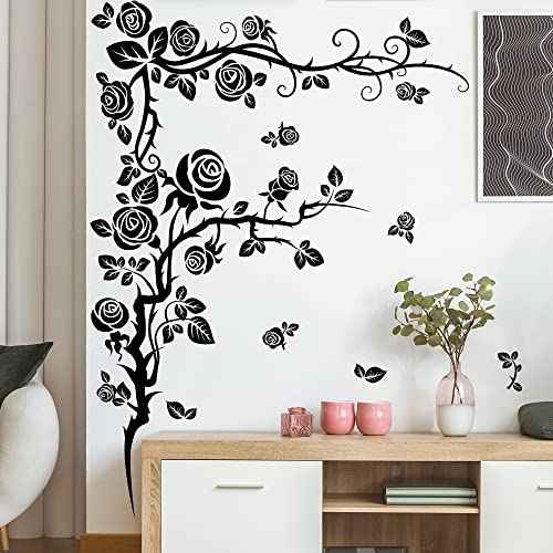 Amaonm Creative 3D Black Vinyl Flowers Wall Stickers - Removable DIY Flower Vine Wall Decals for Roses & Leaves Decor