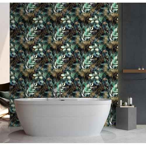HAOKHOME Peel and Stick Wallpaper Boho Forest Vintage Removable Black/Green/Matte Gold Vinyl Self Adhesive Mural for Bedroom 17.7in x 6.5ft