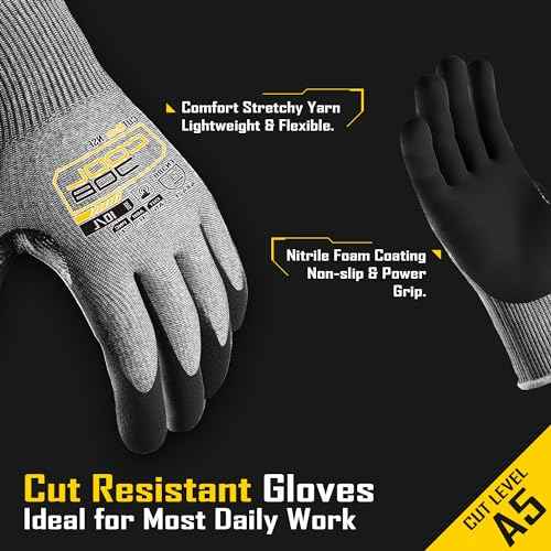 COOLJOB ANSI A5 Cut Resistant Gloves - 3/12 Pairs, Nitrile Rubber Dipped Safety Work Gloves for Men, Knife Proof with Grip Coating for Construction Warehouse Glass Wood Work, Grey Medium
