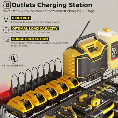 1 Pack Power Tool Organizer Wall Mount with 8 Outlet Power Strip, 4-layer Heavy-duty Metal Tool Storage Rack, Maximum Load of 400lbs, Garage Organization with 4 Racks and 8 Cordless Drills