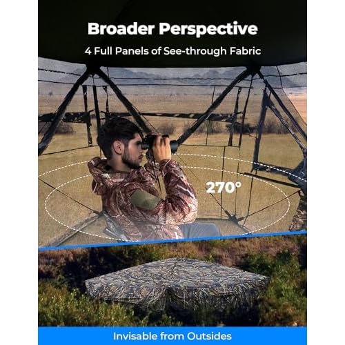 KEMIMOTO Hunting Blinds Ground for Turkey 3-4 Person, 270 Degree See Through with Removable Waterproof Rain Cover and Camouflage Straps, Pop Up Hunting Tent with Safety Reminder Markings (9ft Size)