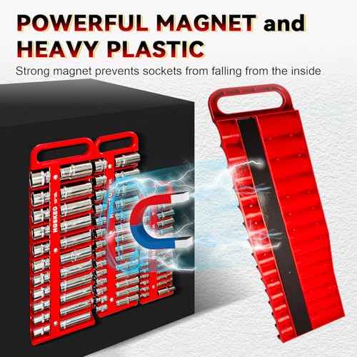 Magnetic Socket Holder Set with Handle, Portable Socket Organizer, Heavy Duty Socket Racks 3/8" Drive Holders Hold 28 standard Sockets for Tool Box (Red, 3/8" Drive)
