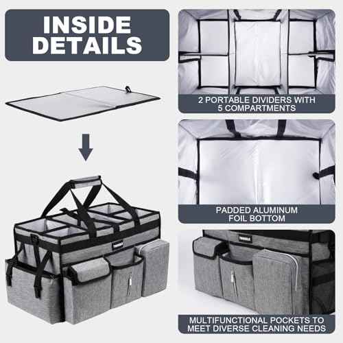 Large Cleaning Caddy Bag with Rigid Support Board, Cleaning Organizer Tote with Detachable Divider, Adjustable Shoulder Strap & Waist Belt, Cleaning Supply Carrier for Cleaners & Housekeepers