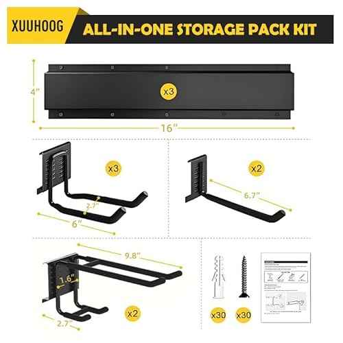 ¡°48¡± Adjustable Garage Wall Tool Organizer - Full-Length Bracket for Garage Storage with 3 Tool Hooks, 2 Double Hooks, 2 Single Hooks and 3 Rails in Heavy-Duty Construction,Tool Organizer