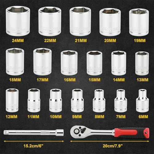 Mayouko 21PCS 3/8" Drive Ratchet Socket Wrench Set, Drive Socket Set with Shallow Sockets, 6-24mm, Extension Bar 6", Standard, 72 Tooth Quick Release Reversible 3/8" Drive Ratchet Handle, CR-V Steel