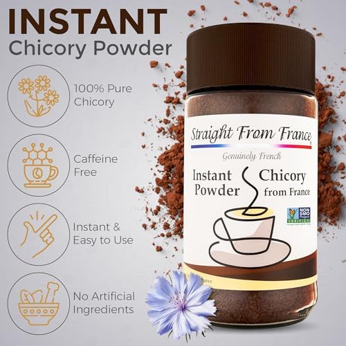 Straight from France Genuinely French, Non-GMO Certified Caffeine Free Instant Chicory Powder, Coffee Substitute Rich in Prebiotic Fibers Made from Chicory Roots 7 Oz