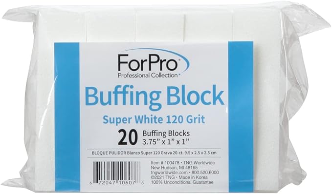 ForPro Professional Collection Super White Buffing Block, 120 Grit, Four-Sided Manicure and Pedicure Nail Buffer, 3.75” L x 1” W x 1” H, 20-Count