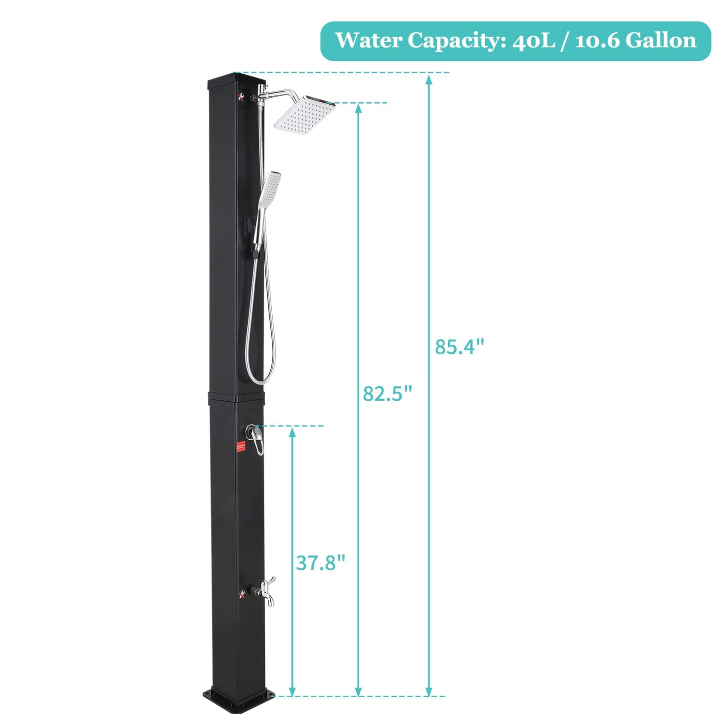 VINGLI 10.6 Gallon Solar Heated Outdoor Shower, 7.2 FT Height, Freestanding Outside Shower with 360° Swivel Shower Head + 6FT Handheld Shower + Foot Faucet, Hot & Cold Water Adjustment, Black
