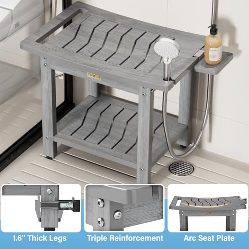 YEFU Shower Chair for Inside Shower: 21 Inch Oversized Waterproof/No Maintenance - Shower Stool with Shelf & Handle 400 LBS - Bathrooms/Outdoor - Non-Slip Easy Assemble Bench for Adult/Elderly/Grey