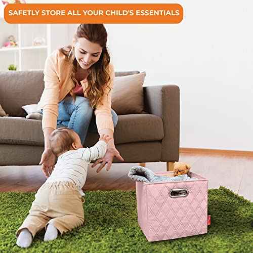 11 inch Pink Foldable Diamond Patterned Faux Leather Storage Cube Bins Set of Two with Handles for living room, bedroom and office storage