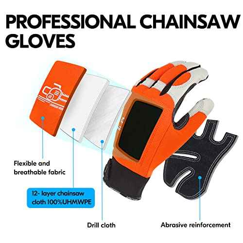 Vgo... Chainsaw Gloves,12-Layer Saw Protection on Left/Both Hand Back,Cow Leather Gloves,Touchscreen