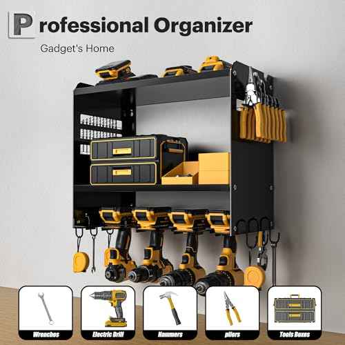 Power Tool Organizer Wall Mount, 15 Min Fast Assembly & Maximum 100lb load by Heavy Duty Metal, 4 Slots for Cordless Drill, Garage Storage Shelf with Hooks, Father/Men/Husband Birthday Gift