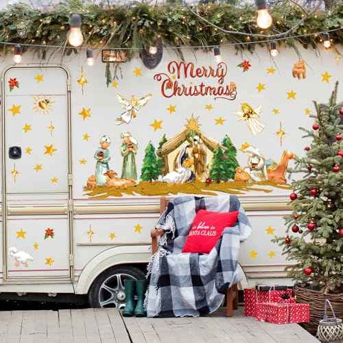 Christmas Wall Stickers Nativity Scene Wall Decals Large Holy Night Room Mural Stickers for Home Party Decor, 9.8 x 13.8 Inch, 4 Sheets