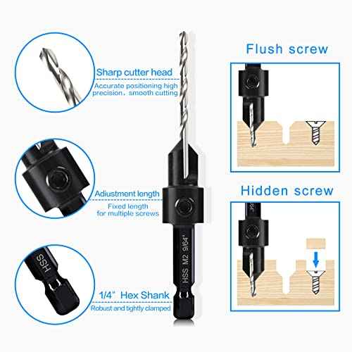 3-pc Countersink Drill Bit Set #10#12#16, 3in1 Woodworking Counterbore Hole Saw Drill Bits, Depth Adjustable M2 Pilot Drill Bits, 82-Degree Chamfer, 1/4¡± Hex Shank, with 1 Allen Wrench