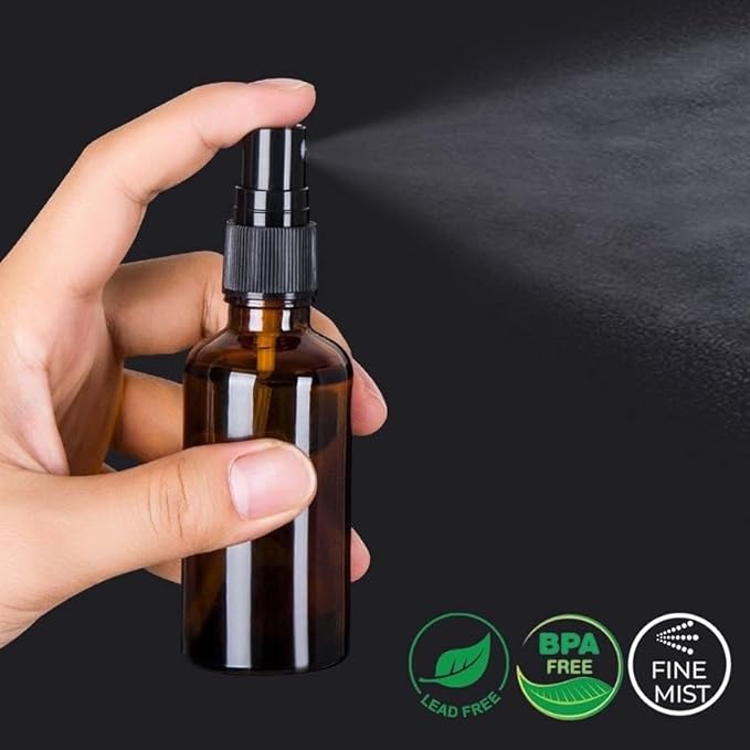 9 Pack Amber Glass Small Spray Bottles, 2oz Travel Fine Mist Empty Mini Spray Bottles for Essential Oils and Hair