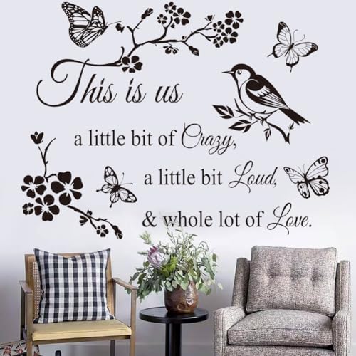 CASADECOR This Is Us Black 'A Little Bit of Crazy, A Little Bit Loud & Whole Lot of Love' Floral Nature Elements Letter Print Indoor Weatherproof PVC Rectangular Wall Sticker