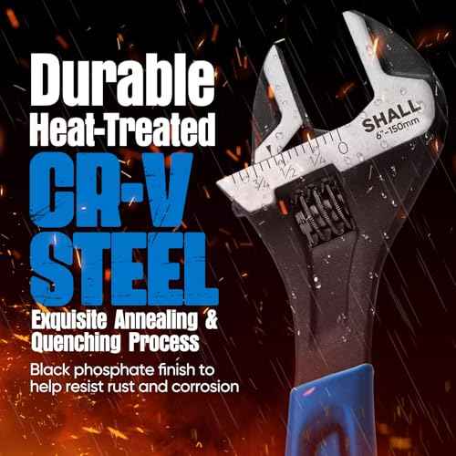 SHALL 6 Inch Adjustable Wrench, Cr-V Steel Spanner with Cushion Grip, Wide Jaw Black Oxide Wrench with Laser-etched SAE Scales for Home, Garage, Workshop and DIY