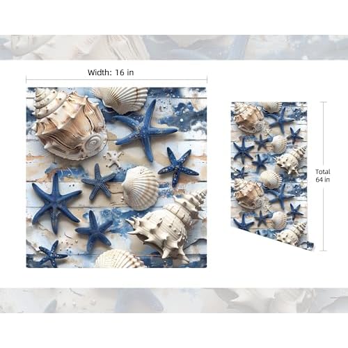 FLFK Peel and Stick Wallpaper, 16in x 64in, Starfish Seashell Wall Mural for Kids Room Decor, Stain Resistant, Blue