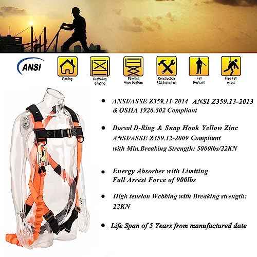 1D-Ring Industrial Fall Protection Safety Harness with 6-Foot Shock Absorber Stretchable Lanyard | Permanent attached Kit | ANSI Compliant Personal Fall Arrest System(PFAS)