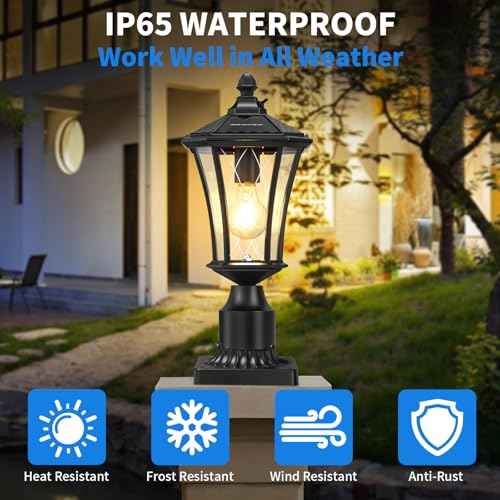YSN 16" Solar Post Lights Outdoor, Dusk to Dawn Outdoor Post Lights with Pier Mount Base, Black Solar Lamp Posts Light Fixture, Waterproof Light Posts for Outside Yard Garden Patio, 1 Pack