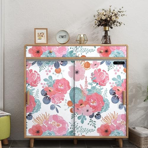 WENMER Floral Peel and Stick Wallpaper, Pink/Green/White Peony Wallpaper, Floral Contact Paper for Desk, Self Adhesive Vinyl Wall Paper for Bedroom Kitchen Classroom Furniture 17.7" x 118"