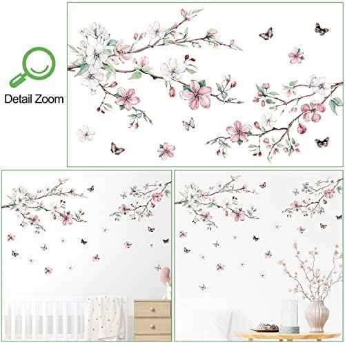 AM AMAONM Removable 3D Ink Style Brown Tree Branches and Pink WhiteFlower Wall Decals Plum Blossom Flowers and Butterfly Wall Sticker Peel and Stick Wall Decor for Home Walls Living Room Kids Baby