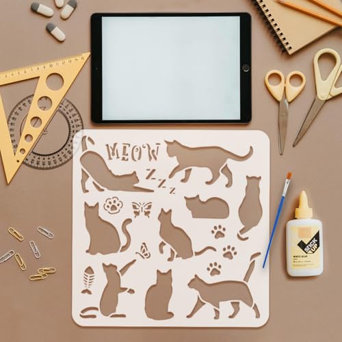 FINGERINSPIRE 5 PCS Peeking Cat Painting Stencil with 1 Pc Paint Brush Reusable 5 Styles Cat Pattern Painting Stencil Animal Cat Stencil for Painting on Wood Floor Wall Furniture DIY Home Decor