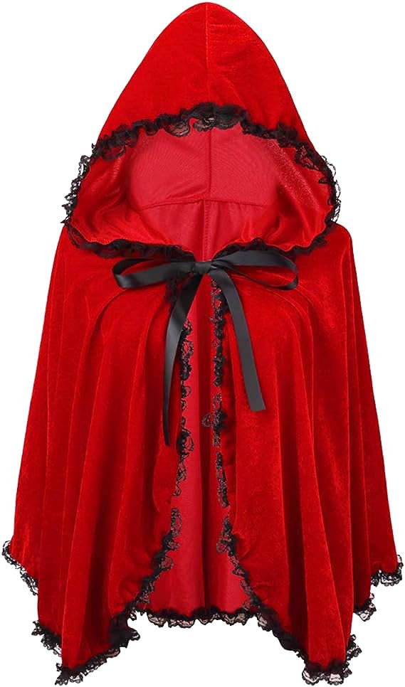 Colorful House Velvet Red Riding Hooded Cape Halloween Christmas Cloak(Black Lace Bright Red,23.62'')