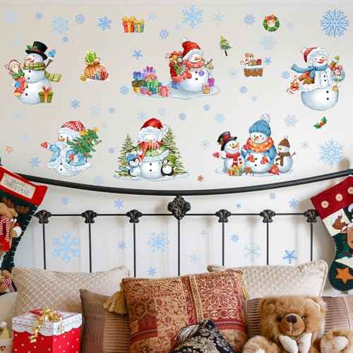 ReliThick 64 Pcs Christmas Snowman Wall Sticker Clings Removable Christmas Wall Art Silver Blue and White Winter Window Clings Wall Decor for Christmas Winter Home Bedroom Decorations