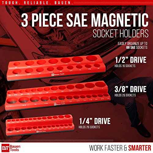 Magnetic Socket Organizer Set -3 Piece SAE Magnetic Socket Holder Set Red - 1/2-inch, 3/8-inch & 1/4-inch Drive, Holds 68 Sockets, Professional Grade Socket Tray Organizer.