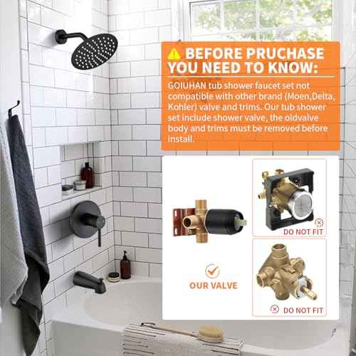 Black Tub Shower Faucet Set Complete with 6-Inch Rainfall Shower Head and Tub Spout Included Shower Valve Tub Shower Trim Kit Round Matte Black