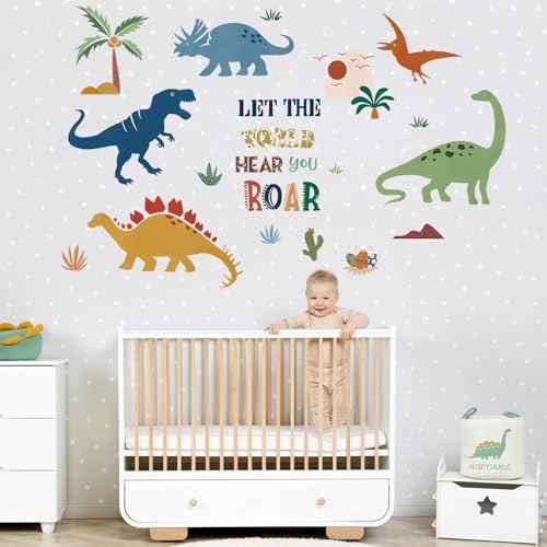 Boho Dinosaur Wall Decals with Palm Trees - Peel and Stick Dinosaur Wall Decor for Boys Room, Kids Bedroom, Playroom