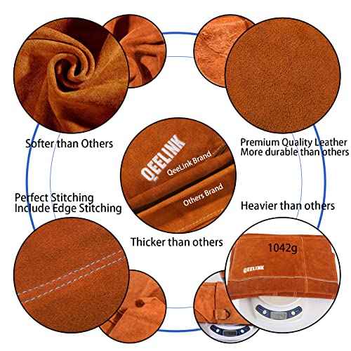 QeeLink Leather Welding Work Apron with 6 Tool Pockets, Heat & Flame Resistant Aprons, 24" x 36", Adjustable M to XXXL