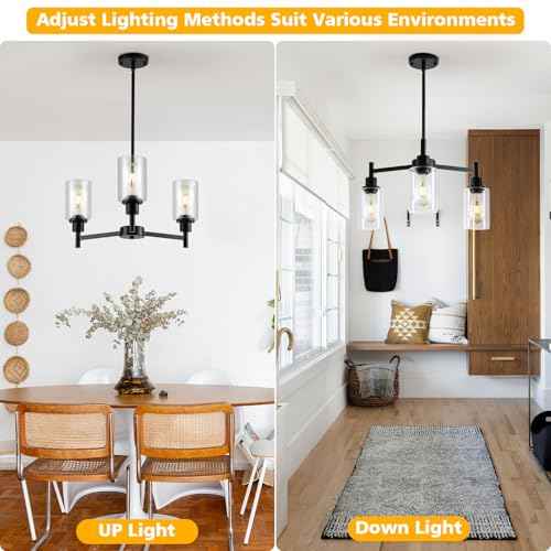 9MMML Farmhouse 3-Light Glass Chandelier, Modern Black Chandelier for Kitchen, Dining Room, Living Room, Foyer, E26 Bulb Base