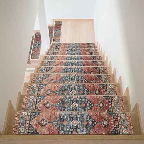 HOMBYS Non-Slip Carpet Stair Treads for Wooden Steps Set of 15, 30"X8" Indoor Stair Runner Extra Slip Resistant Stair Rugs Rubber Safety Mats, Stairway Grip Step Treads RED&Blue