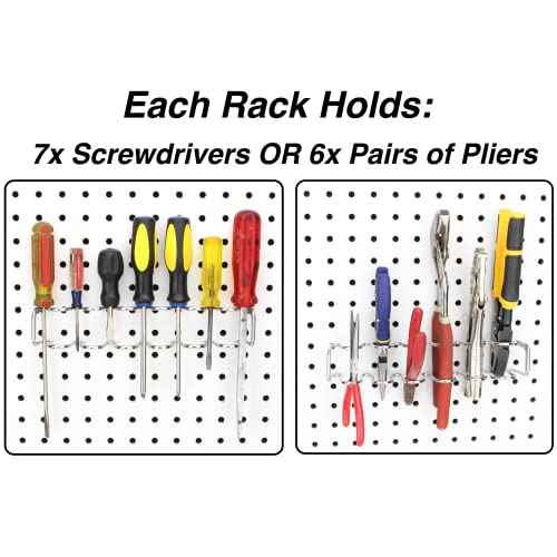 Pegboard Screwdriver Holder, 4-Pack - Hooks to Any Peg Board - Screwdriver and Pliers Rack Accessory Tool Organizer - Organization Accessory for Workbench, Garage, Tool Shed, Craft Room