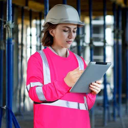 Amylove 4 Pcs Women Long Sleeve Safety Shirt High Visibility Shirts Reflective Construction Work Shirts for Women(L,Rose Red)