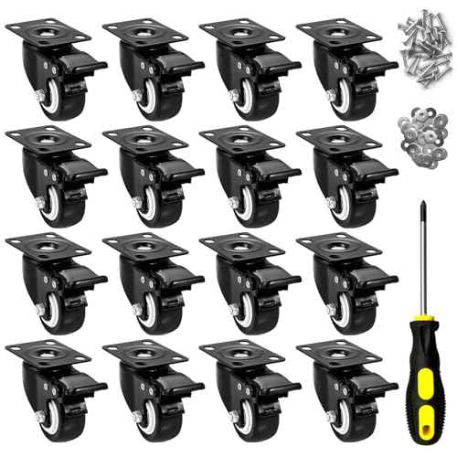 2" Caster Wheels Set of 16, Heavy Duty Casters with Brake, No Noise Locking Casters with Polyurethane (PU) Wheels, Swivel Plate Castors Pack of 16