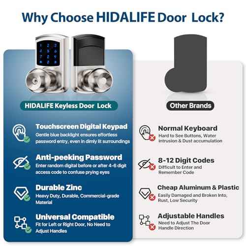 Hidalife Keyless Entry Door Lock with Code, Keypad Door Lock with Handle, Touchscreen Digital Lock with Keypad for Front Door, Auto-Lock, Satin Nickel