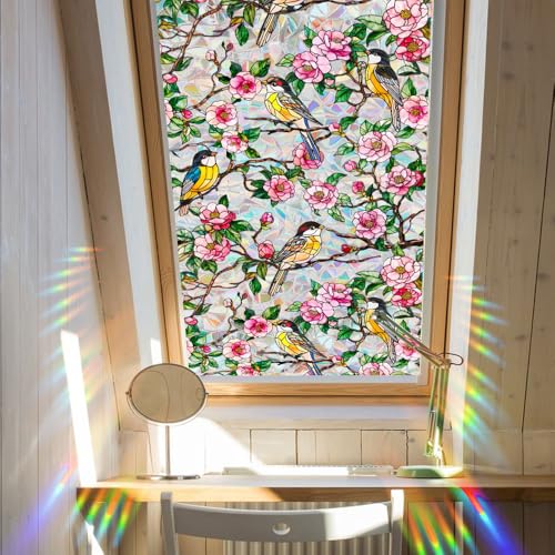Runtoo Window Privacy Film Rainbow Bird on Tree Branch Flowers Window Clings 3D Decorative Vinyl Stained Glass Rose Peony Floral Decals Static Sticker Non-Adhesive, 17 x 40 inches