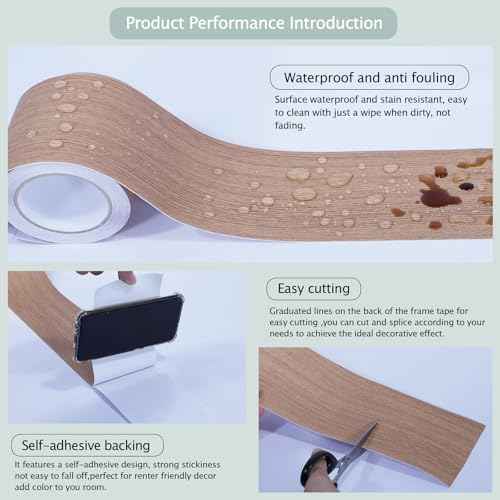 Teak Wood Grain Removable PVC Waterproof Border Wall Decor Removable Self Adhesive Door Frame Window Mirror Bathroom Tiles Sticker Grain Trim Wallpaper 1.96inch x 393inch