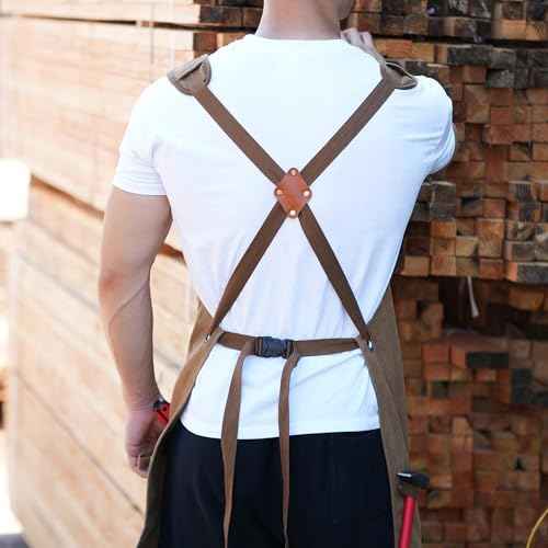 Tosewever Work Aprons for Men with Large Pockets, Canvas Cross Back Heavy Duty Adjustable Tool Aprons for Chef Cooking BBQ