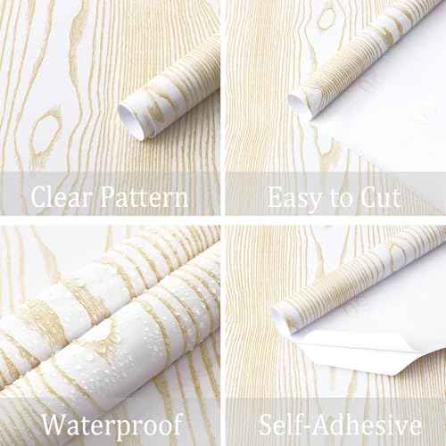 Heroad Peel and Stick Wallpaper Wood Contact Paper Gold and White Wood Grain Contact Paper for Cabinets Countertops Waterproof Self Adhesive, White with Gold Shimmer 78.7¡±x17.5¡±