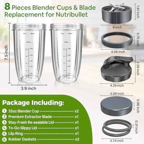 8 Pieces Blender Cups & Blade Replacement Set for Nutribullet, 2 PCS 32oz Cups & Premium Extractor Blades, Flip-Top To-Go Lids & Lid Rings, Compatible with NutriBullet 600W/ 900W Blenders